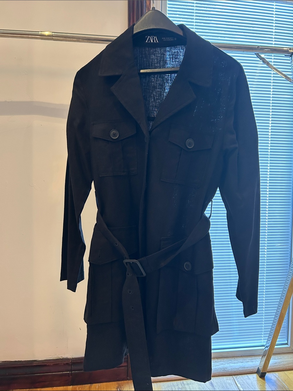 ZARA Black Belted Trench Coat with Patch Pockets